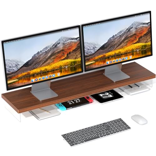 Dual Monitor Stand Riser, 40x10 in Wood & Acrylic Desktop Organizer Shelf | Computer Monitor Stand Riser With Wood & Acrylic Design; Fits 2 Monitors, Laptop, Printer And Desk Supplies For Office Use. - color: Red Walnut, size: 40*10 Inch
