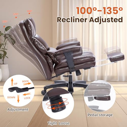 Big and Tall Office Chair with Foot Rest,Heavy Duty Office Chair(Brown) | PU Leather High Back Wide Desk Chair, Comfortable Executive Office Chair, 135° Reclining, Adjustable Padded Armrests - color: Brown