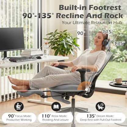 Ergonomic Office Chair with Footrest and Dynamic Lumbar Support, Grey | Reclining high-back computer chair, memory foam seat, 4D armrests, 2D headrest, mesh desk chair for home office, long hours - color: Dark Grey