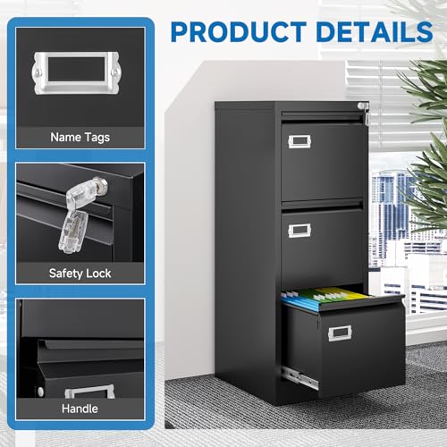BYNSOE 3 Drawer File Cabinet with Lock Metal Vertical File Cabinet Office Home Narrow File Cabinet for A4 Legal/Letter Size,Assembly Required (Black, 3 Drawers-Vertical) - color: Black, size: 38.62"H x 17.71"D x 15"W