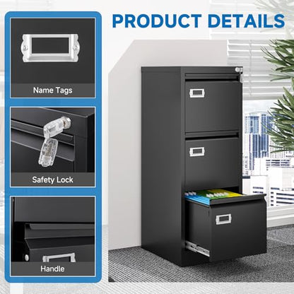 BYNSOE 3 Drawer File Cabinet with Lock Metal Vertical File Cabinet Office Home Narrow File Cabinet for A4 Legal/Letter Size,Assembly Required (Black, 3 Drawers-Vertical) - color: Black, size: 38.62"H x 17.71"D x 15"W