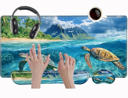 Sea Turtle Mouse Pad and Keyboard Wrist Rest Large Desk Mat Set Gaming Mousepad with Wrist Support XXL Computer Mat 31.5" x 15.75" Mouse Mat Organization Decor - color: Sea Turtle