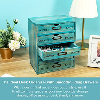 Turquoise 5-Tier Drawer Desktop Curio Cabinet - French Farmhouse Country Desk Organizer Box - Wooden Stackable Shelves - Teal Countertop Shelf w/Label Holder - 5-Level File Drawer Unit - style: 5 Drawer I 12.2"