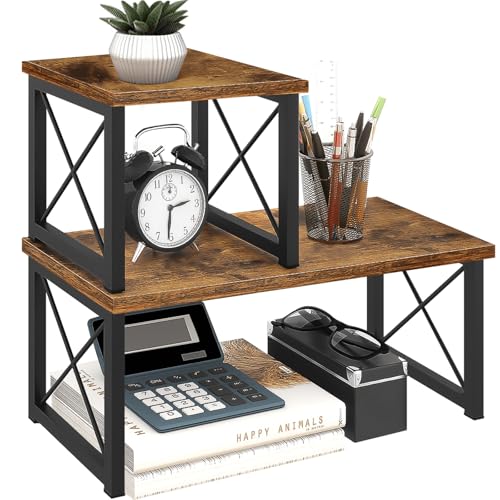 ELITEROO Wood Desktop Shelf, 2 Tier Adjustable Small Bookshelf Organizer, Freestanding Stackable Desk Stand, Storage Organizers, Kitchen Counter Display Rack, Rustic Brown - color: Rustic Brown