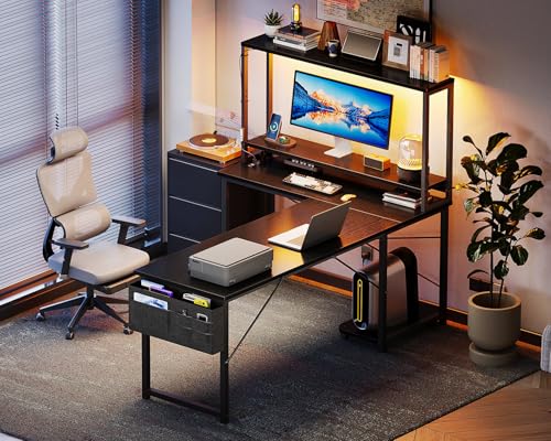 AODK L Shaped Desk Gaming Desk with LED Light & Power Outlet - color: Black, size: 61 Inch