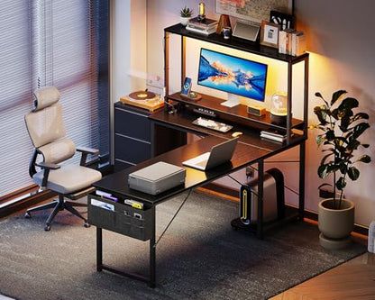 AODK L Shaped Desk Gaming Desk with LED Light & Power Outlet - color: Black, size: 61 Inch
