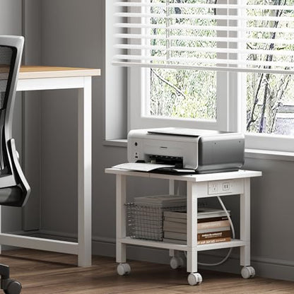 TUTOTAK Printer Stand, 2 Tier Rolling Printer Cart with Charging Station - color: White, size: 2 tier(18.9 x 13.4 x 15.4inchs)