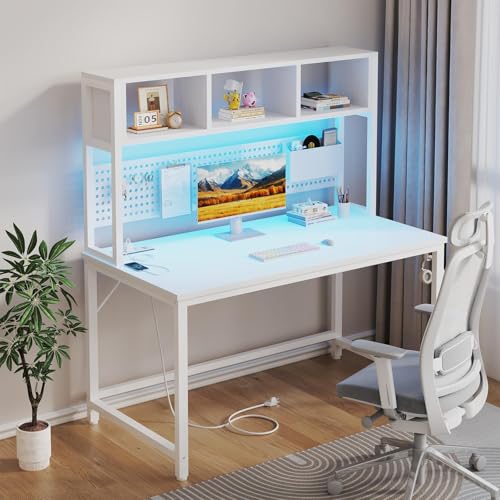 White Gaming Desk with Hutch and Pegboard - Computer Desk with Hutch, Power Outlet, 47 Inch Art Desk with Storage, Hooks, RGB and Side Bag, Writing Modern Study Teen Desks for Girl Bedroom Home Office - color: White