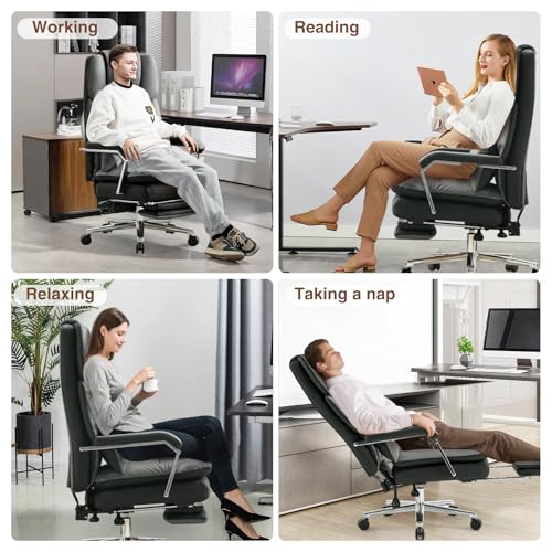Furniliving Big and Tall Office Chair with Footrest, PU Leather High Back Executive Office Chair with Adjustable Lumbar Support, Wide Seat Reclining Desk Chair with Armrest, Height Adjustment, Grey