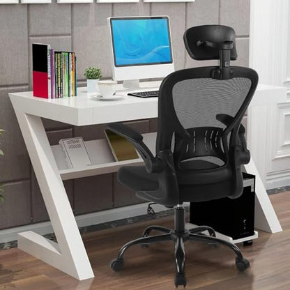 Youhauchair Adjustable Mesh Ergonomic Office Chair with Wheels, Black | Flip-up Arm, Lumbar Support, Height Adjustable, Breathable, Rocking, Mid Back Swivel Compurter Chair with Headrest, Set of 1 - color: Black, style: With Headrest
