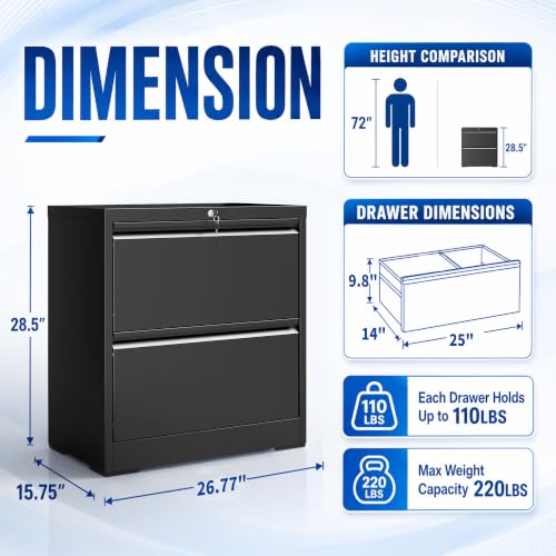 2 Drawer File Cabinet with Lock, 26.8" W Lateral Filing Cabinet - color: Black, size: 26.8"W - 2 Drawer