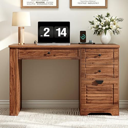 Ieejdn 47" Home Office Desks, Executive Desk, Farmhouse Computer Desk with Drawers and Charging Station, File Drawer, Storage Cabinet, Rustic Computer Writing Desk,Antique Tan - color: White, size: 47.24"