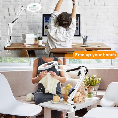 10X Magnifying Glass with Light and Stand, Magnifier with Light Hands Free, 3 Color Modes 10 Level Dimmable, Magnifying Real Glass LED Desk Lamp for Close Work, Repair, Reading, Craft, White - color: White