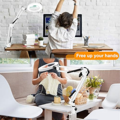 10X Magnifying Glass with Light and Stand, Magnifier with Light Hands Free, 3 Color Modes 10 Level Dimmable, Magnifying Real Glass LED Desk Lamp for Close Work, Repair, Reading, Craft, White - color: White