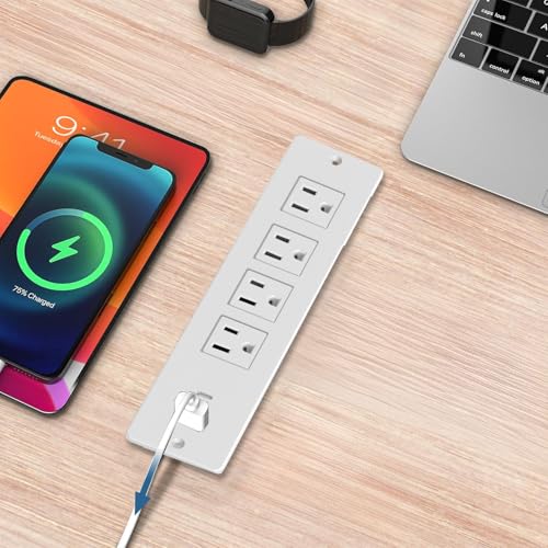 Recessed Power Strip Flush Mount Power Adapter Charging Station with USB Plug Multiple Surge Protector Hidden Outlet Extender with Extension Cord for Home Office Desk Furniture Nightstand Bed (White)