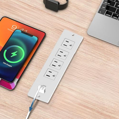 Recessed Power Strip Flush Mount Power Adapter Charging Station with USB Plug Multiple Surge Protector Hidden Outlet Extender with Extension Cord for Home Office Desk Furniture Nightstand Bed (White)