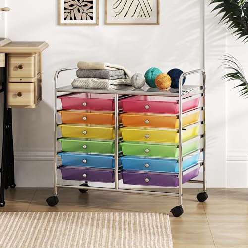 RELAX4LIFE 12-Drawer Rolling Storage Cart - Mobile Utility Cart on Wheels for School Classroom Teacher Office Salon, Paper File Art Supply Craft Organizer, Rolling Cart with Drawers (Rainbow) - color: Rainbow, size: 24.5''