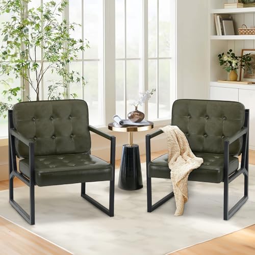 COLAMY Accent Chairs Set of 2, Modern Accent Arm Chairs for Living Room, Comfy Leather Armchairs with Metal Legs for Reception Waiting Room Office Lobby, Green - color: Green, size: Set of 2