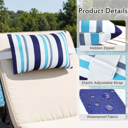 2 Pcs Outdoor Headrest Pillow for Patio Chaise Lounge 11"x16" | Navy Blue Striped Waterproof Pillows with Insert Adjustable Elastic Strap, Chair Head Resting Pillow for Recliner Beach Pool - color: Navy Blue Striped