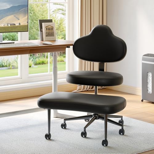 Cross Legged Office Chair with Wheels for ADHD, Ergonomic 360° Swivel Height-Adjustable Meditation Chair for Yoga, Kneeling Chair with 4 inch seat Cushion and Lumbar Support, PU Leather, Black - color: Black-pu-mountain