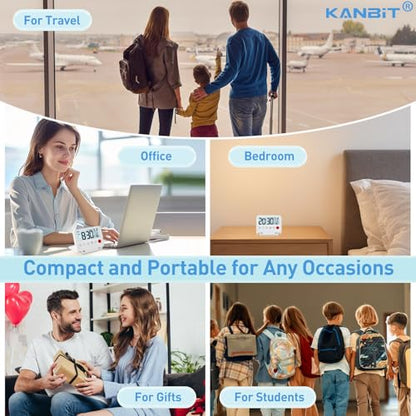 KANBIT Small Digital Travel Alarm Clock, Large LCD Display Front Button with Date & Temperature, Snooze and 8 Seconds Backlight AAA Battery Operated Desk Clock for Home & Office, White - color: White