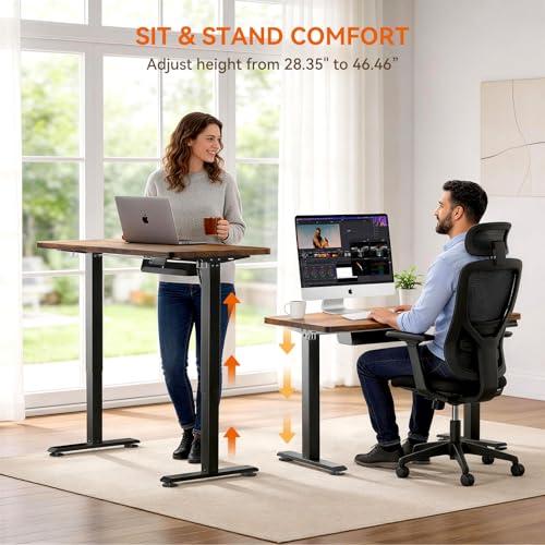Standing Desk, 55 x 24 Inches Electric Height Adjustable Desk, Sit Stand up Desk, Memory Computer Home Office Gaming Desk with 3 Preset Heights, Table Cable Management Box, Brown - color: Brown, size: 55 x 24 inch