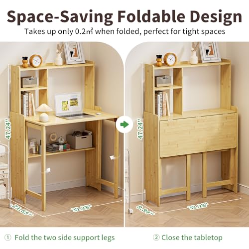 Folding Desk for Small Spaces, Bamboo Foldable Desk with Bookshelf, Natural - color: Natural, size: 47.24"H x 21.65"D x 32.28"W