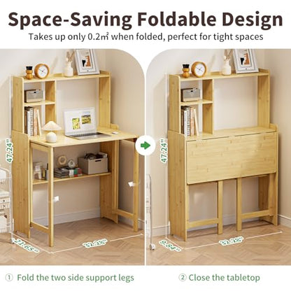 Folding Desk for Small Spaces, Bamboo Foldable Desk with Bookshelf, Natural - color: Natural, size: 47.24"H x 21.65"D x 32.28"W