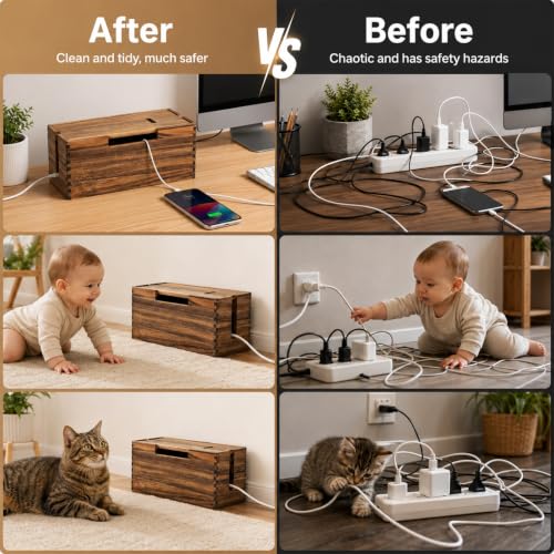 Acacia Wood Cable Management Box, Wooden Cord Hider Organizer for Power Strip, Electrical Hiding, TV Wires, Desk & Floor Cables, Under Desk Cable Organizer for Home Office