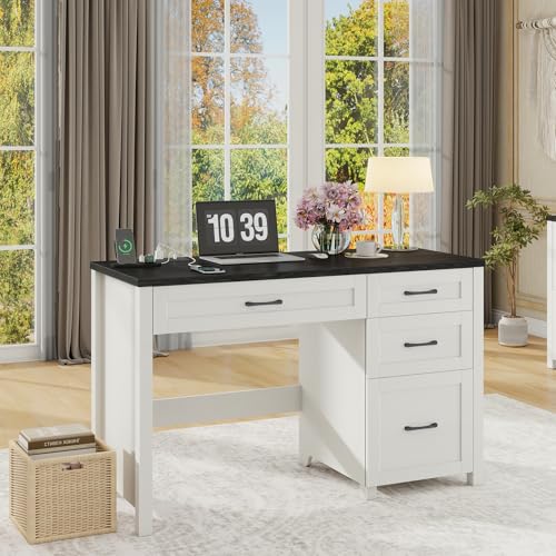 Vabches Farmhouse 47" Computer Desk with 4 Drawers, Black | Executive Desk with File Drawer and Charging Station, Workstation for Home Office, Study - color: Black With Charging Station