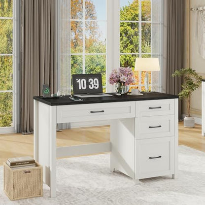 Vabches Farmhouse 47" Computer Desk with 4 Drawers, Black | Executive Desk with File Drawer and Charging Station, Workstation for Home Office, Study - color: Black With Charging Station