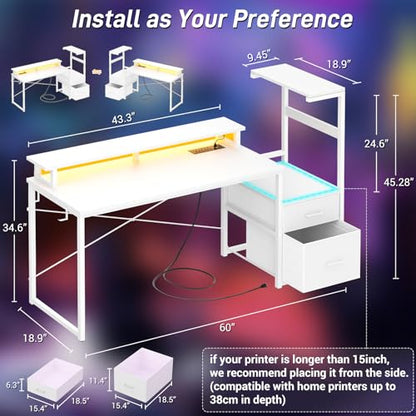 Aheaplus Gaming Desk with LED Strip & Power Outlet, 59Inch Reversible Computer Desk with Monitor Stand & Storage Shelves, Home Office Desks with Fabric File Drawer, Gamer Table PC Desk, White - color: White