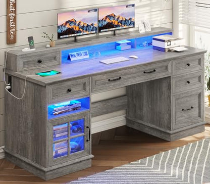 BTHFST 59.1" Executive Desk with File Drawer, Charging Station, Grey - color: Grey