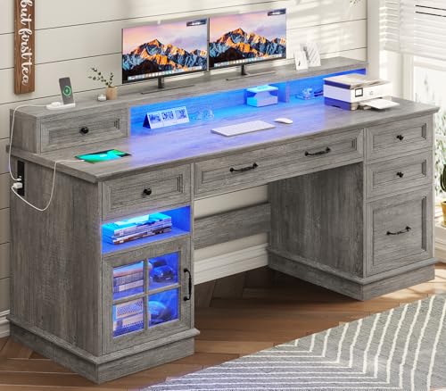 BTHFST 59.1" Executive Desk with File Drawer, Charging Station, Grey - color: Grey