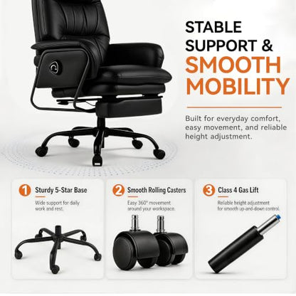 180° Reclining Office Chair with Footrest, PU Leather Desk Chair with 4-Position Backrest and Thick Cushion, Executive Computer Chair for Home Office, Work and Study,Black - color: Black