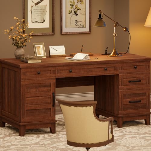 GarveeHome Executive Desk with File Drawers, Farmhouse Home Office Desk with Charging Station, 60 in Wooden Computer Desk with Cabinet Storage for Work Study Writing, Walunt Brown - color: Walunt Brown