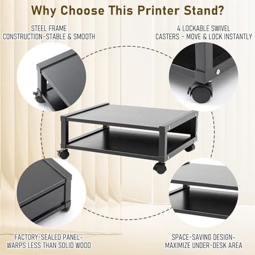 Zonon 2 Tier Printer Stand Under Desk with Wheels, Open Shelf, Black - color: Black
