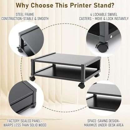 Zonon 2 Tier Printer Stand Under Desk with Wheels, Open Shelf, Black - color: Black