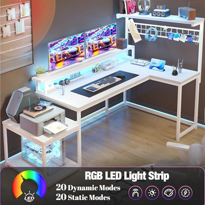 EnHomee 56" L Shaped Desk with Power Outlets & LED Lights for Bedroom,White - color: White, size: 56"W