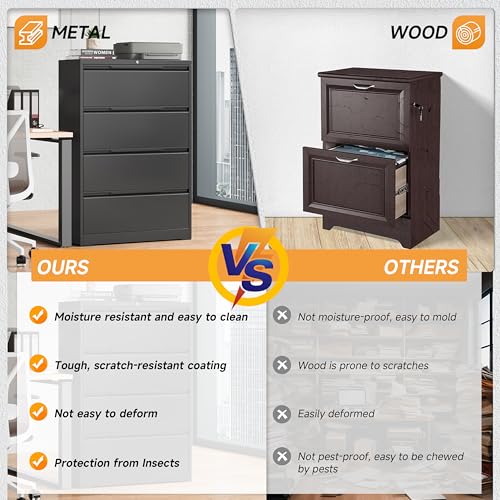 Bestoo 4 Drawer File Cabinet, Metal Lateral Filing Cabinet with Lock - color: Black, size: 4 Drawer 15.7" D x 35.4" W x 51.8" H