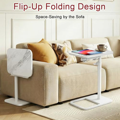 GOYLSER Adjustable Height Sofa C Table, 360° Swivel/180° Flip-Over Panel Side Table with Tablet Slots for Small Spaces, Morden TV Tray Couch Tables for Dinner Eating (White Marble) - color: White Marble, style: Angle Tilt
