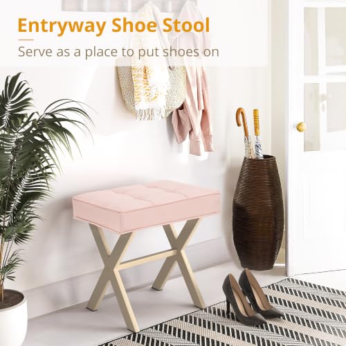 LUE BONA Vanity Stool, Square Linen Makeup Stool with Metal X Legs, Small Ottoman Stool Chair for Vanity, Modern Padded Vanity Seat Foot Rest Stool for Makeup Room, Bathroom, Pink Color - color: Pink