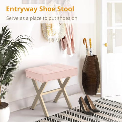 LUE BONA Vanity Stool, Square Linen Makeup Stool with Metal X Legs, Small Ottoman Stool Chair for Vanity, Modern Padded Vanity Seat Foot Rest Stool for Makeup Room, Bathroom, Pink Color - color: Pink
