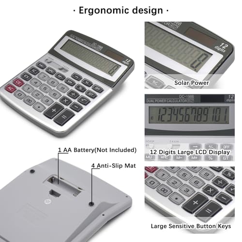 OFFIDIX Desk Office Calculator, 12 Digits Large Solar LCD Display ﻿ - color: Silver