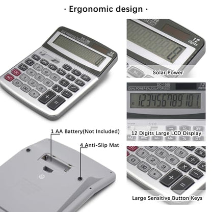 OFFIDIX Desk Office Calculator, 12 Digits Large Solar LCD Display ﻿ - color: Silver