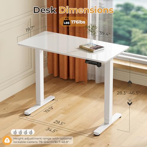 JOY worker Electric Glass Standing Desk, 40" Small Drafting Table on Wheels - color: White Glass, size: 40" * 20"