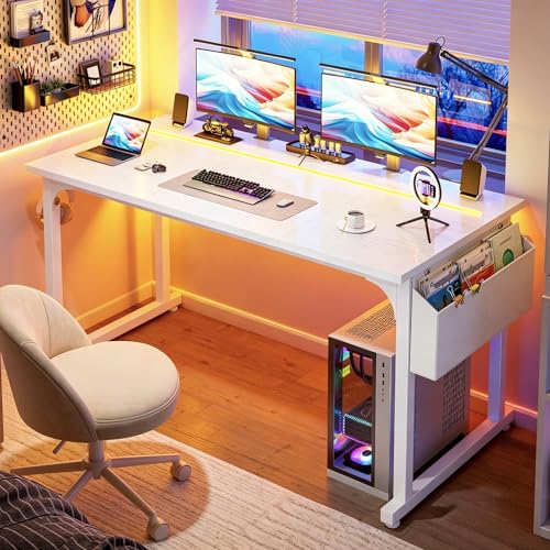 DurayLoly 55 Inch Computer Desk with Waterproof LED Lights for Bedroom - color: White, size: 55 Inch