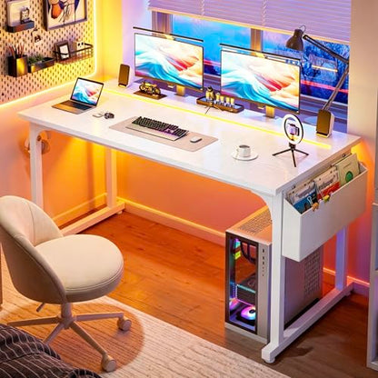 DurayLoly 55 Inch Computer Desk with Waterproof LED Lights for Bedroom - color: White, size: 55 Inch