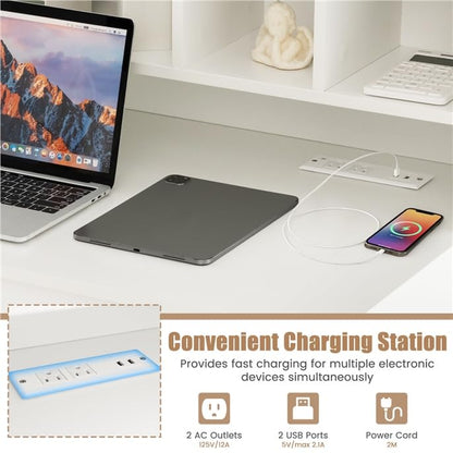 LDAILY Modern Home Office Desk with Hutch, Office Desk with USB Charging Ports and Power Outlets, Computer Desk with 5 Storage Cubbies and 2 Drawers, Writing Study Desk for Bedroom (White) - color: White