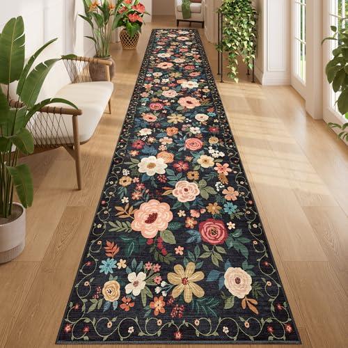 DUKINO 2.6x14 Washable Runner Rug, Floral Non Slip Long Runner Rug, Black | Soft, Low Pile, Ultra Thin Indoor Rug Runner for Hallway, Entryway, Kitchen, Bedroom, Bathroom, Pet Friendly, Home Decor - color: Black, size: 2'6" x 14' (Rectangular)